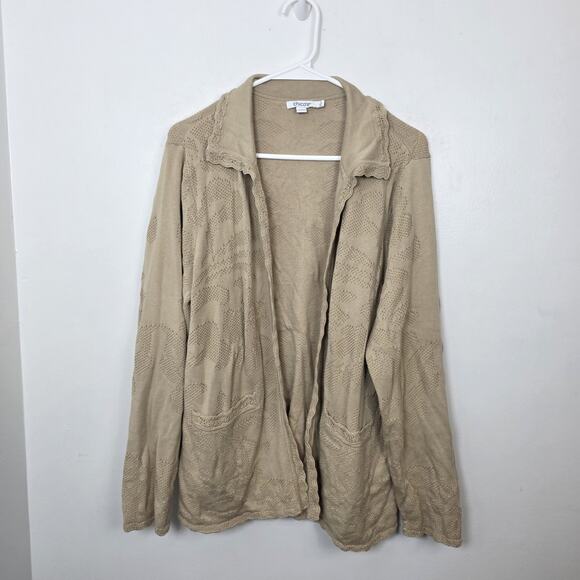 Chico's Cream Pointelle Lace Scallop Soft Mature Quiet Luxury Cardigan Size XL - Picture 2 of 9